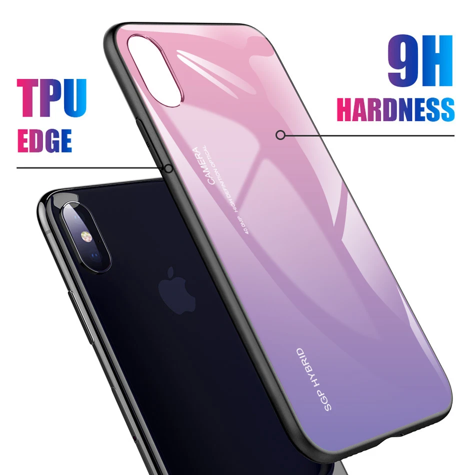 Градиентный чехол из закаленного стекла для телефона iphone x xs max xr 8 7 6 6s plus 5 5S Мягкий