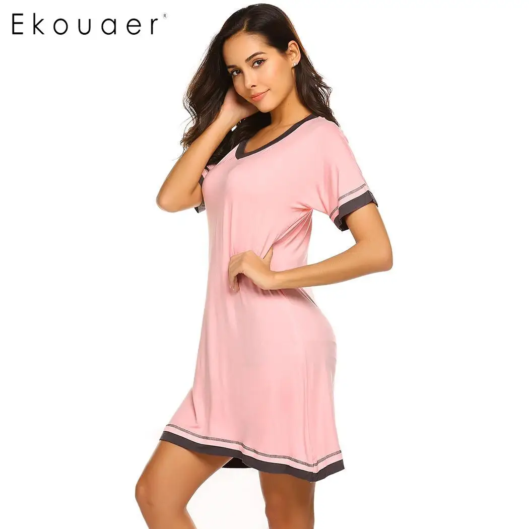 Ekouaer Women Cotton Nightgown Sleep Dress Short Sleeve Loose Nightdress Home Nightwear Ladies Cozy Chemise Sleepshirts | Женская одежда