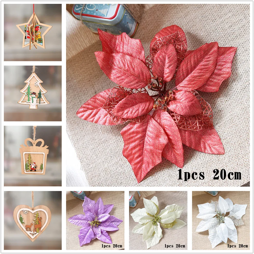 ZLJQ Christmas Decoration For Home 20cm Glitter Artificial Flower Wood Pendent Xmas Balloon Banner Tree Ornament Decor | Дом и сад