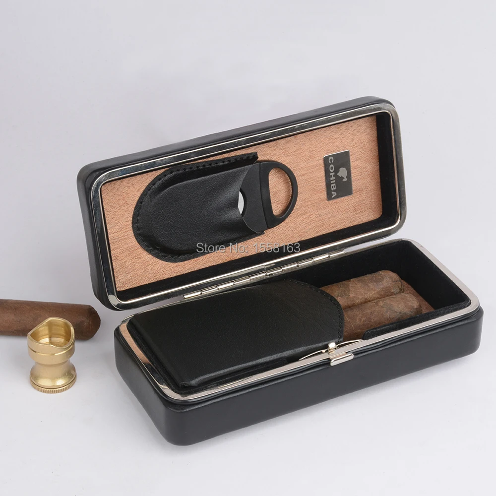 COHIBA Travel Cigar Case Black Leather Cedar Wood Lined Holder Mini Humidor with Cutter | Accessories