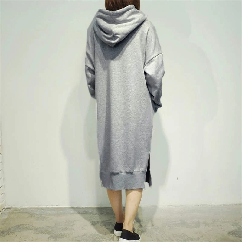 

2021 Autumn Solid Sweatshirt Dress ZANZEA Winter Hooded Pullover Women Long Sleeve Split Fleece Party Long Vestido Plus Size 5XL