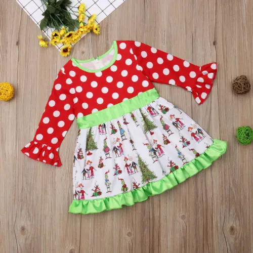 New Christmas Toddler Kids Baby Girl Long Sleeve Dot Xmas Cartoon Pattern Patchwork Flare Princess Party Dress Outfit | Детская одежда