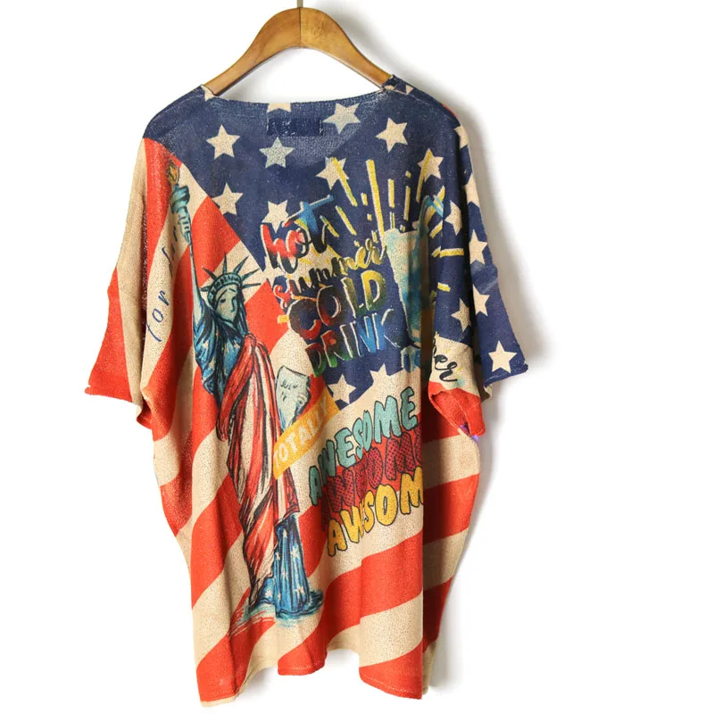 Europe Fashion summer T-shirt women Oversized pullover tops V-neck Knitted Vintage Casual Outerwear Personality Ladies Tops | Женская