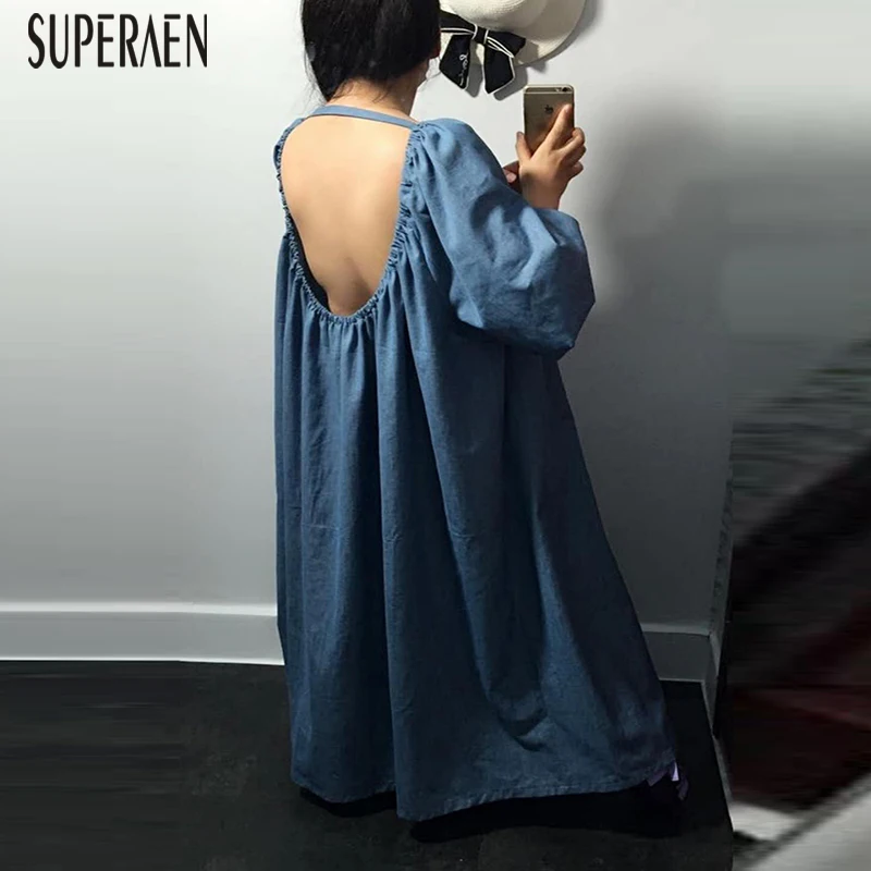 

SuperAen Puff Sleeve Denim Dress Women Solid Color Fashion Casual Dress Female Robe Loose Pluz Size Spring and Summer 2019 New