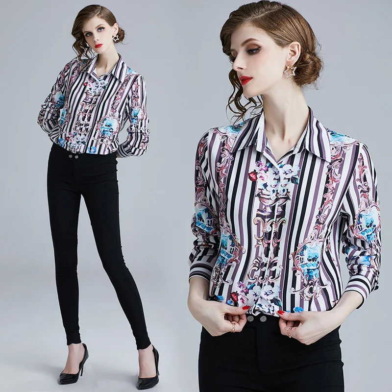 Fashion Women Shirts Print Full Sleeve Slim Turn-down Collar Blouse Shirt Pink 3148 |