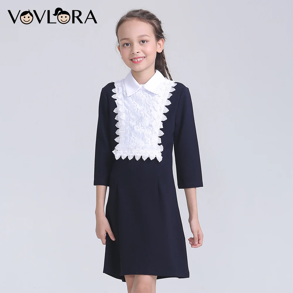 Long Sleeve Detachable Collar School Dress For Girl Lace Kids Dresses Autumn 2018 Uniforms Size 9 10 11 12 13 14 Years | Детская одежда