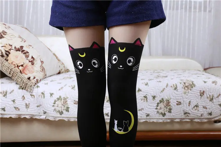 Модные пикантные чулки с котом 1 пара теплые до бедра Гольфы выше колена длинные