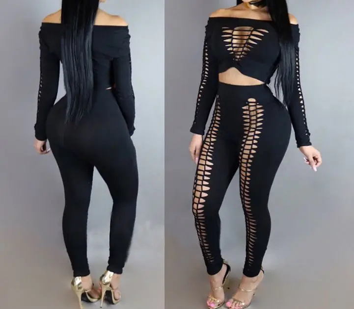 

Hot Sexy Womens Spring Hollow Long Sleeve Off The Shoulder Solid Color Long Pants Set