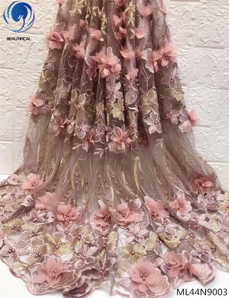 Красивая Африканская сеть кружева 3d цветок с бисером синий французский вышивка 5