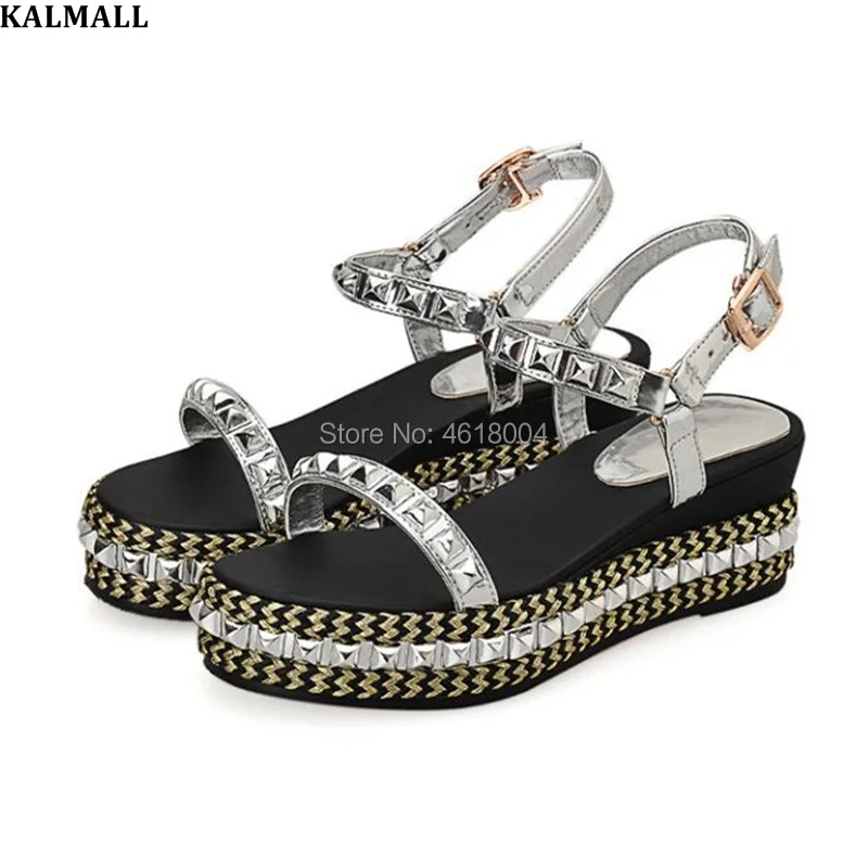 KALMALL Party Shoes Women Platform Sandals Rivets Studded Thick Wedge Heels Buckle Strap Spike Gladiator Casual Sandalias Mujer | Обувь
