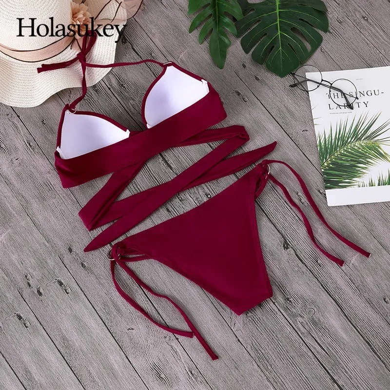 HolaSukey 2019 сексуальный однотонный бикини крест женский купальник бандо Купальники