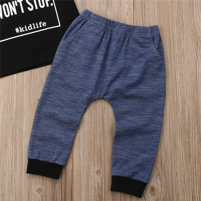 2-6T 2019 Boys Clothes Set Black Short Sleeve Tshirt Letter Print T-Shirts Tops Blue Knit Long Pants Outfits For Kids Girls | Детская