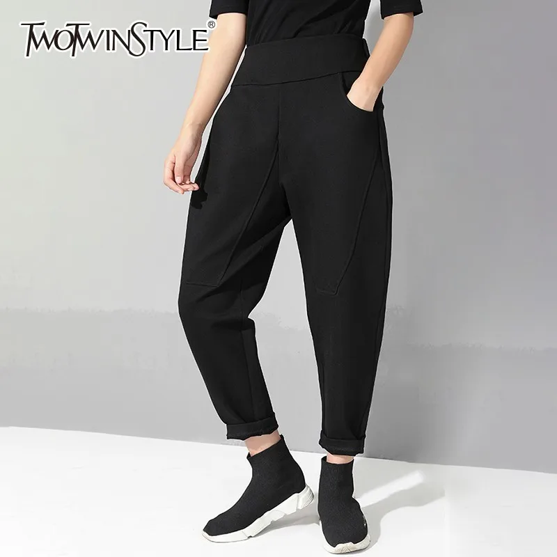 TWOTWINSTYLE черные шаровары женские с высокой талией Длинные эластичные брюки для