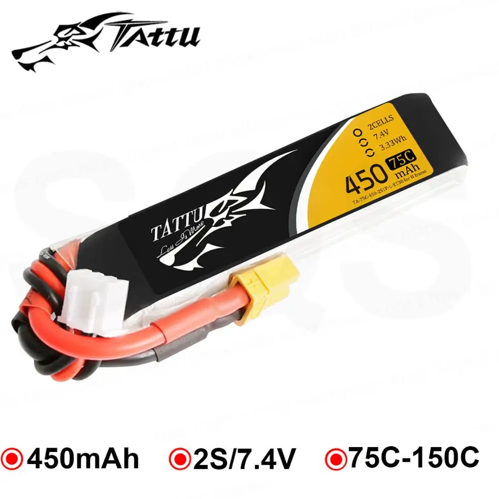 TATTU-bater&iacute;a Lipo 2s 75C RC, 7,4 v, 450mAh, enchufe XT30, para Mini Dron, cuadric&oacute;ptero, UAV, coche, FPV, tama&ntilde;o 120-0