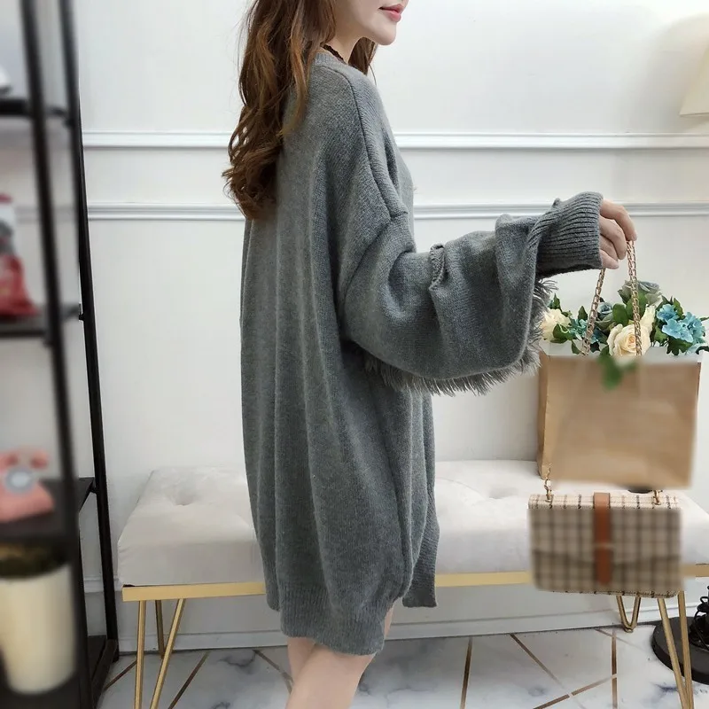 CHICEVER Knitted Sweater V Neck Patchwork Tassel Lantern Sleeve Loose Hollow Out Irregular Pullovers Tops Female Fashion Tide | Женская