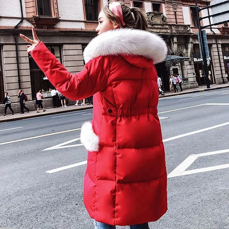 New Red Fashion Winter Jacket Parka Women Fashion Long Section Warm Slim 90% Down Jacket Casual Hooded Fur Collar Overcoat Ls204