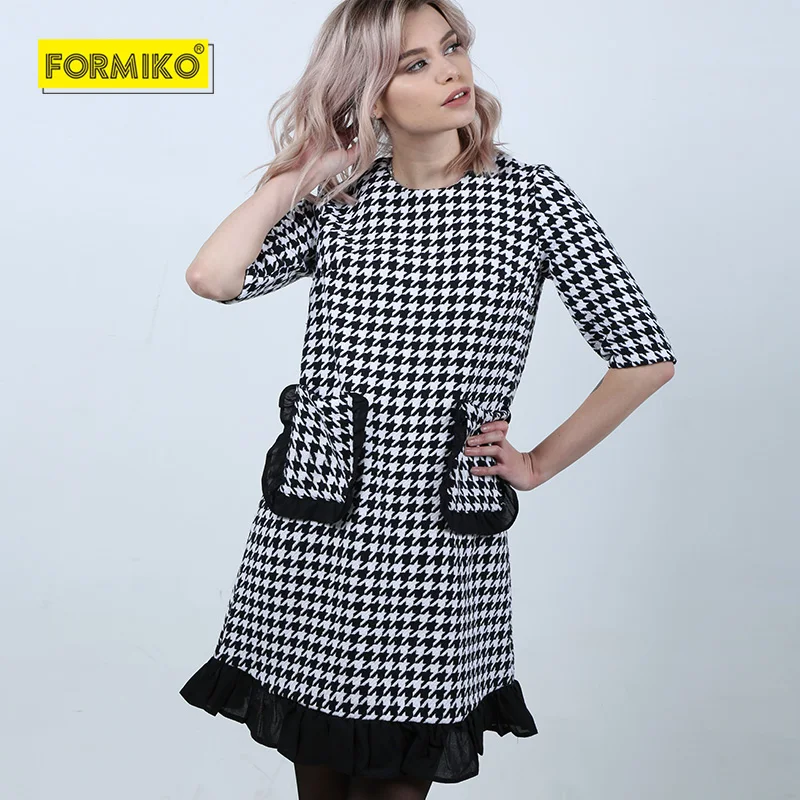 Formiko Женское элегантное платье с принтом &quotгусиные лапки&quot. Офисное круглым