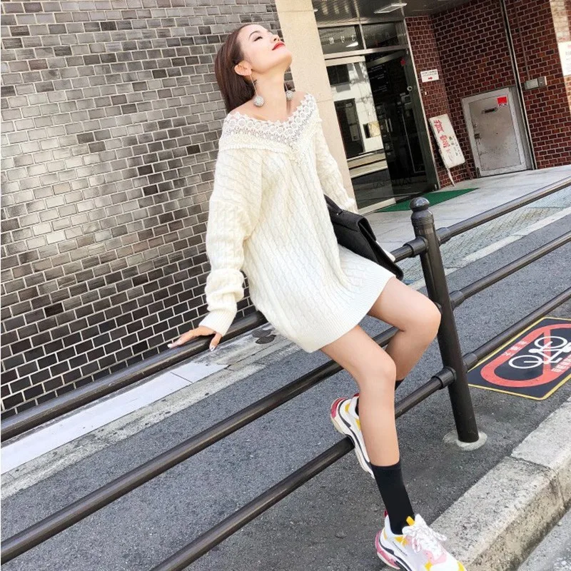 TWOTWINSTYLE Knitting Pullover Tops Female V Neck Patchwork Lace Long Sleeve Sweater Women Spring 2019 Korean Fashion Oversized | Женская