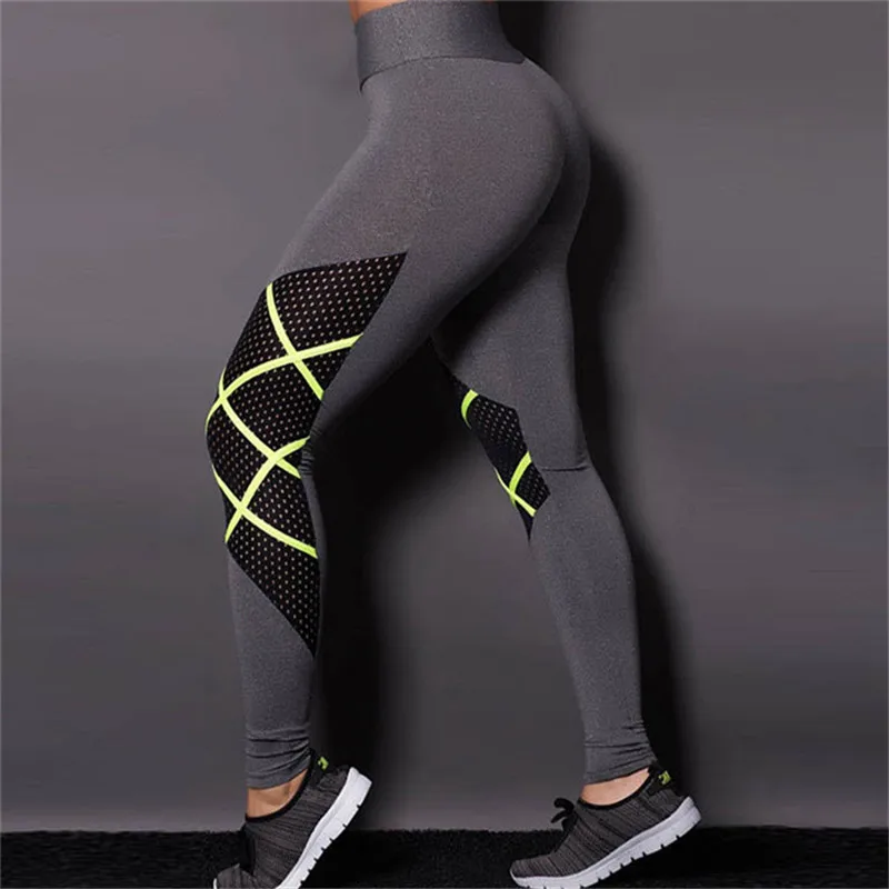 NORMOV Mesh Patchwork Leggings Women High Waist Elasticity Fitness Gym Leggings Workout Breathable Quick-drying Pants Sportwear