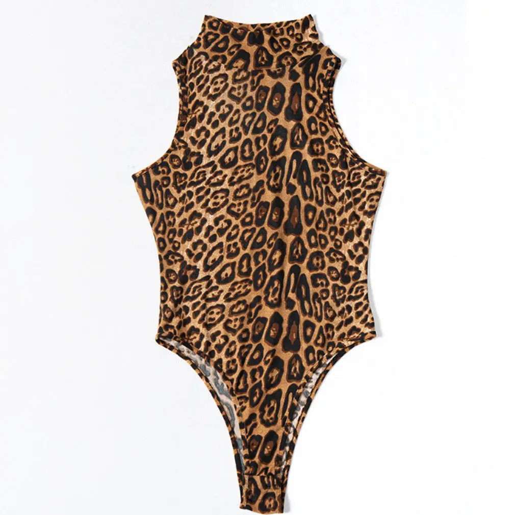 Women Summer Sexy Sleeveless Turtleneck Bodysuits Ladies Leopard Print Skinny Bodysuit Romper | Женская одежда