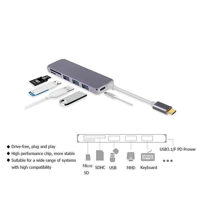 Type C концентратор USB к USB3.0 Micro TF серый SD 15 см/5 9 дюйма кард ридер адаптер
