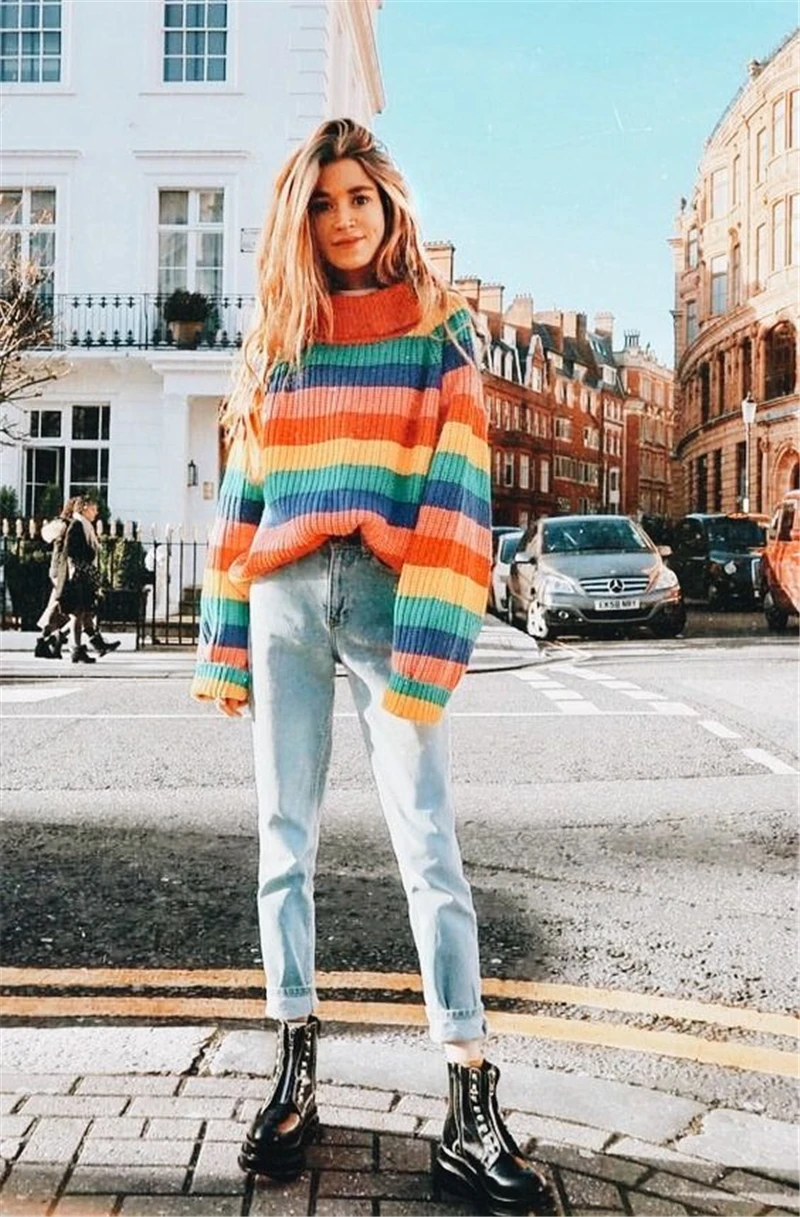 IANLAN New Womens Turtleneck Rainbow Pullover Colorful Striped Long Sleeve Sweater Girls Popular Loose Knitwear IL00391 | Женская одежда