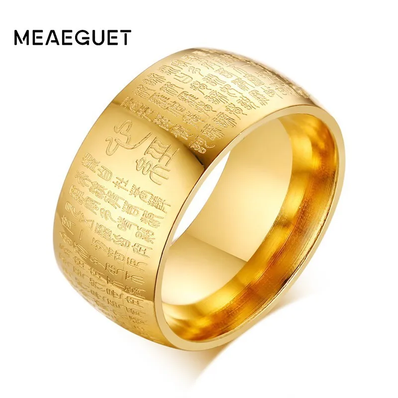 10mm Golden Ring For Men Stainlesss Steel Engraved Matra Buddhist Spiritual Jewelry Buddhism Gifts | Украшения и аксессуары