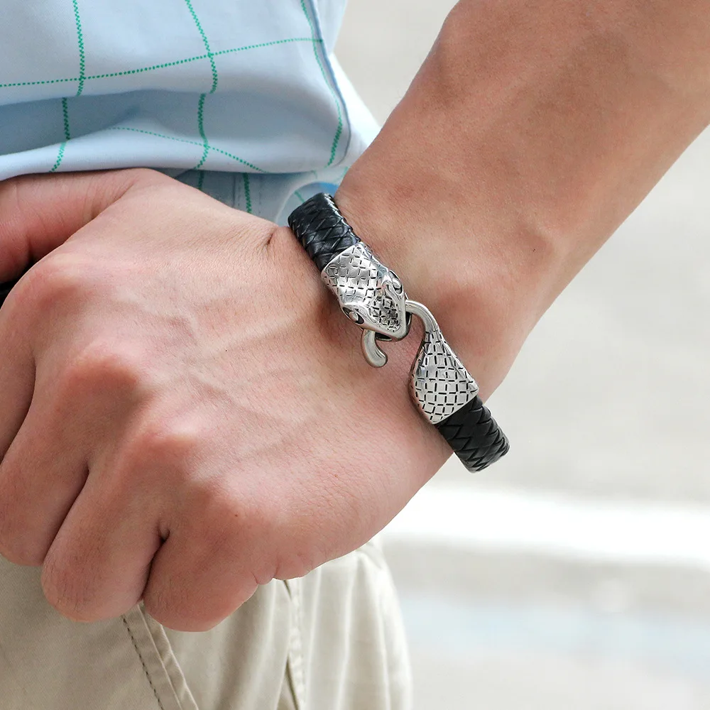 2019 New Bracelet Personality Fashion Stainless Steel Snake Head Leather Woven Men's Trend | Украшения и аксессуары