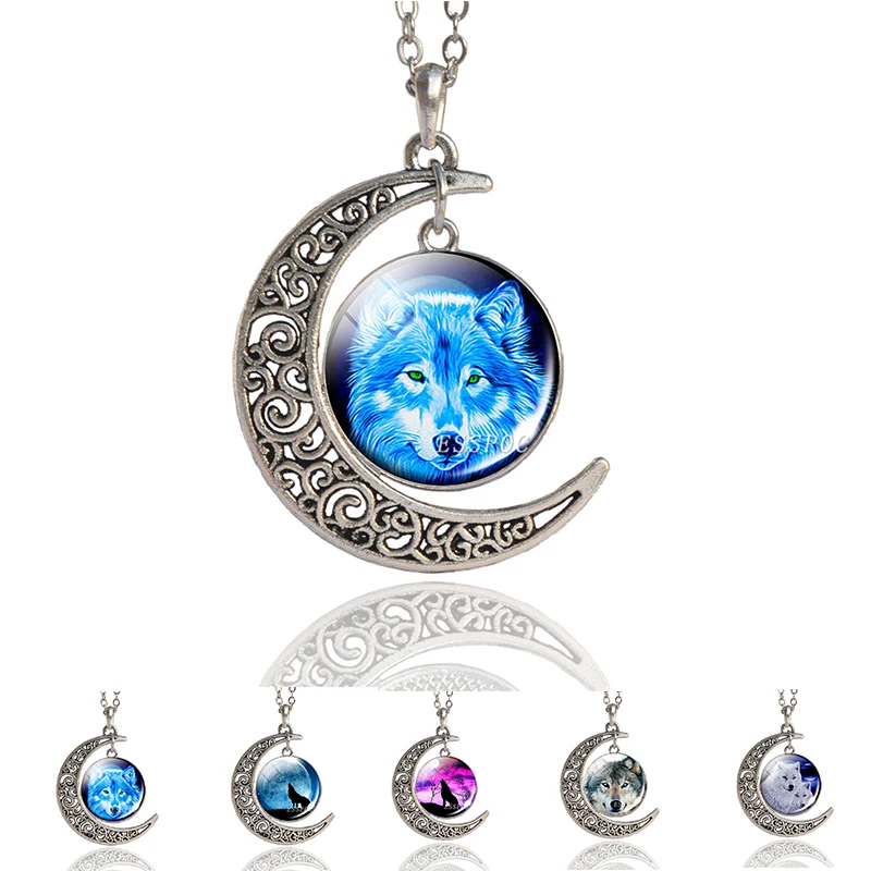 

Howling Wolf Art Photo Glass Cabochon Pendant Necklace Crescent Moon Pendant Wolf Jewelry Men Women Long Chain Necklace