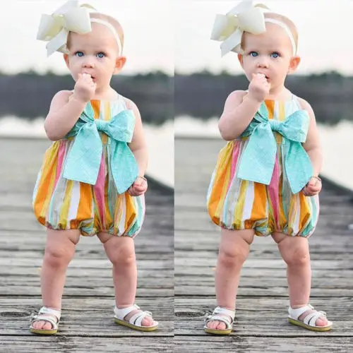 2019 Newborn Infant Kid Baby Girl Sleeveless Romper Strap Stripe O-neck Cotton Jumpsuit Bowknot Summer Outfit Wholesale | Детская одежда