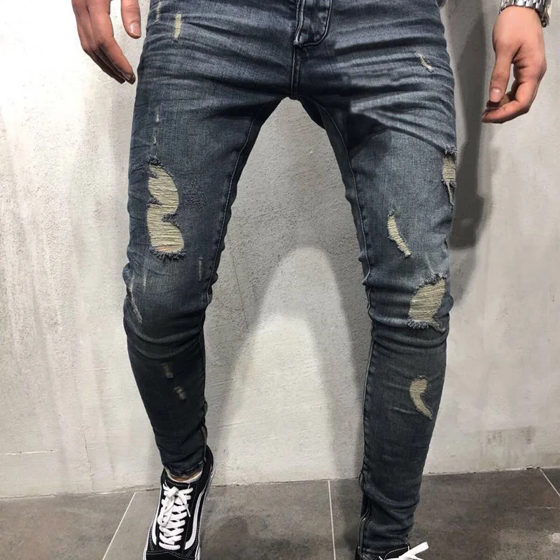 Mens Cool Designer Brand Pencil Jeans Skinny Ripped Destroyed Stretch Slim Fit Hop Pants With Holes For Men | Мужская одежда
