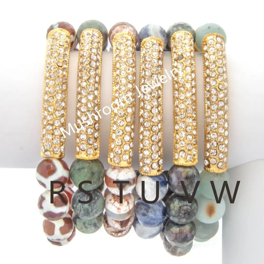 Boho Amazonite labradorite Dzi Agates  Beads Pave Crystal Gold Tube Bar Chic Stretch Bracelet