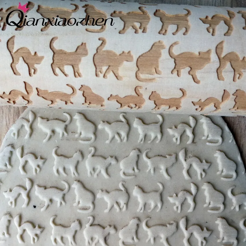 Qianxiaozhen Cat Pattern Wooden Rolling Pin Baking Cookies Wedding Gifts For Guests Decoration Kitchen | Дом и сад