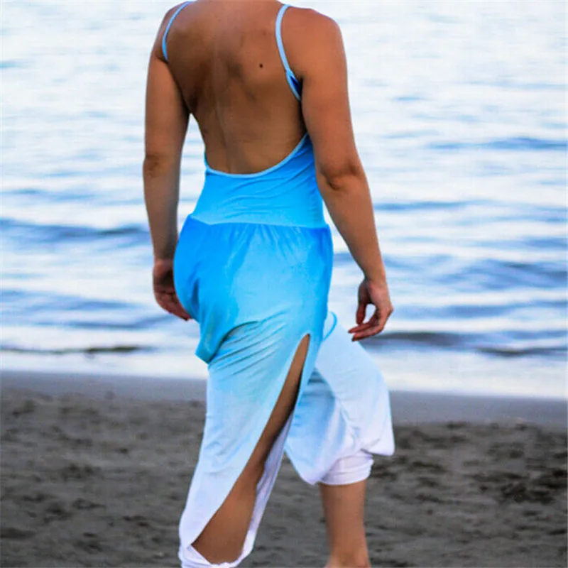 Летний Новый Синий Облегающий комбинезон с открытой спиной и цветочным принтом