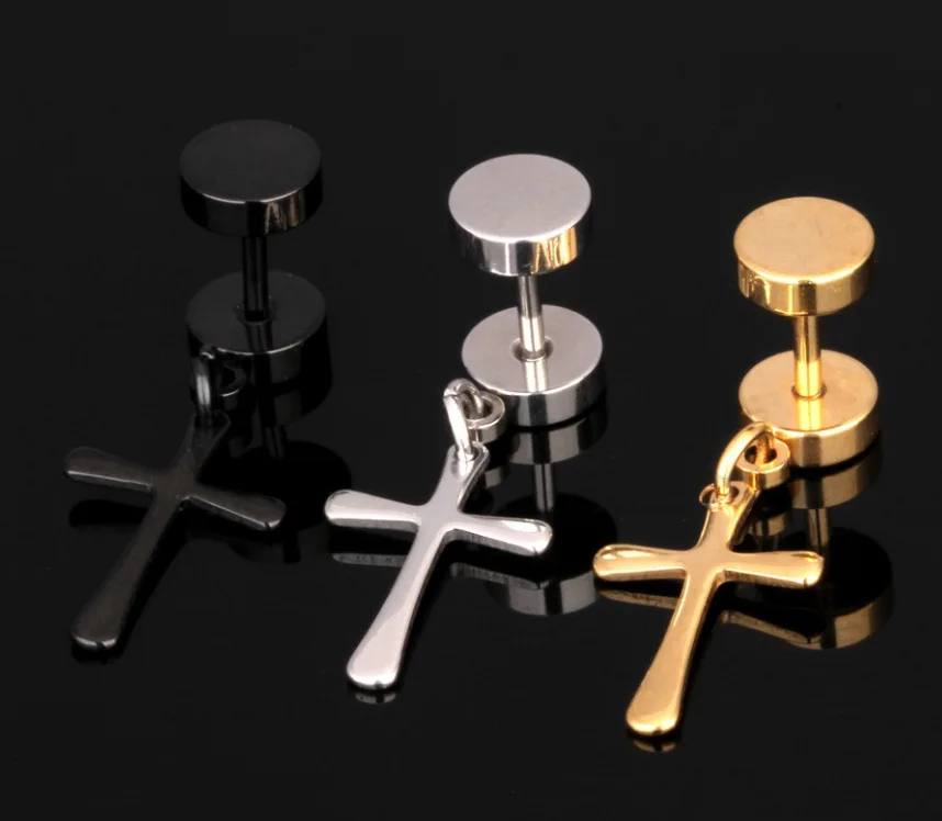 

Hot Sale Titanium Steel Cross Punk Hip Hop Rock Round Tide Dumbbell Stud Earrings Male Jewelry Fashion Charm Statement Gift
