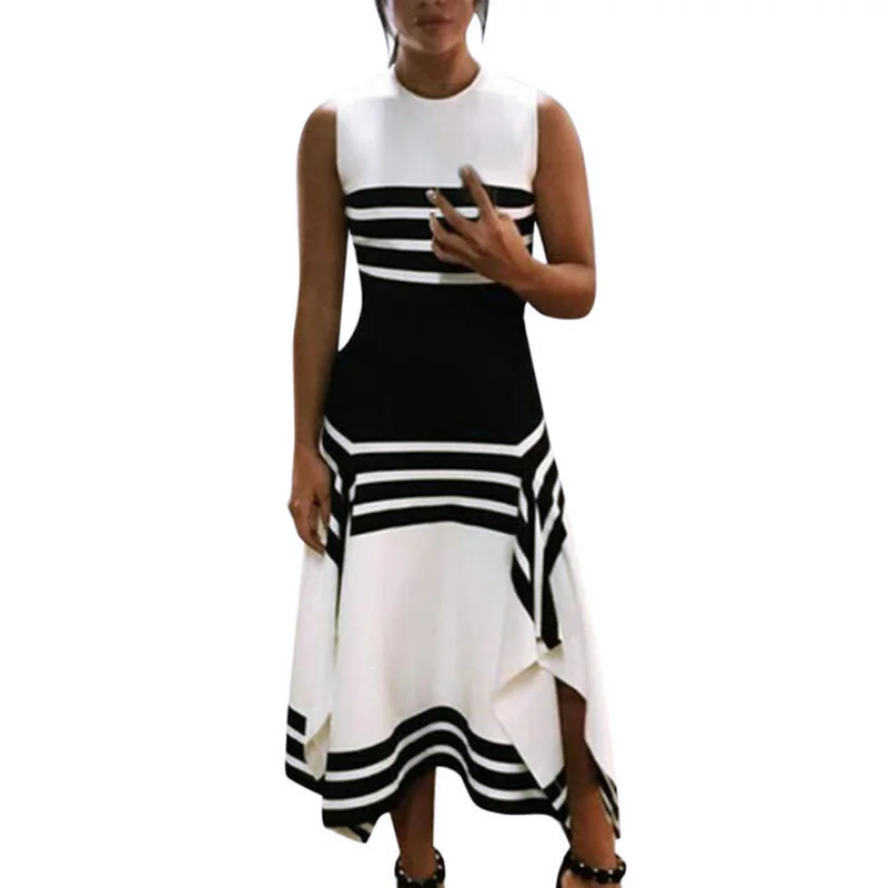 Женское платье в полоску с принтом повседневное круглым вырезом без рукавов миди