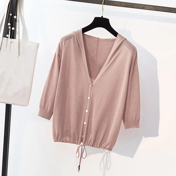 Hot Sale Female Hooded Lace-Up Knitted Sweaters Solid Ladies Spring Summer Single Breasted Thin Cardigans |