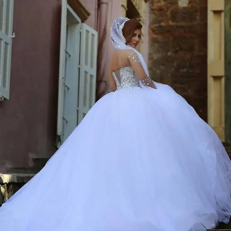 VAMOLASC Luxury Crystal Sweetheart Tulle Ball Gown Wedding Dresses Illusion Long Sleeve Court Train Backless Bridal Gowns | Свадьбы и