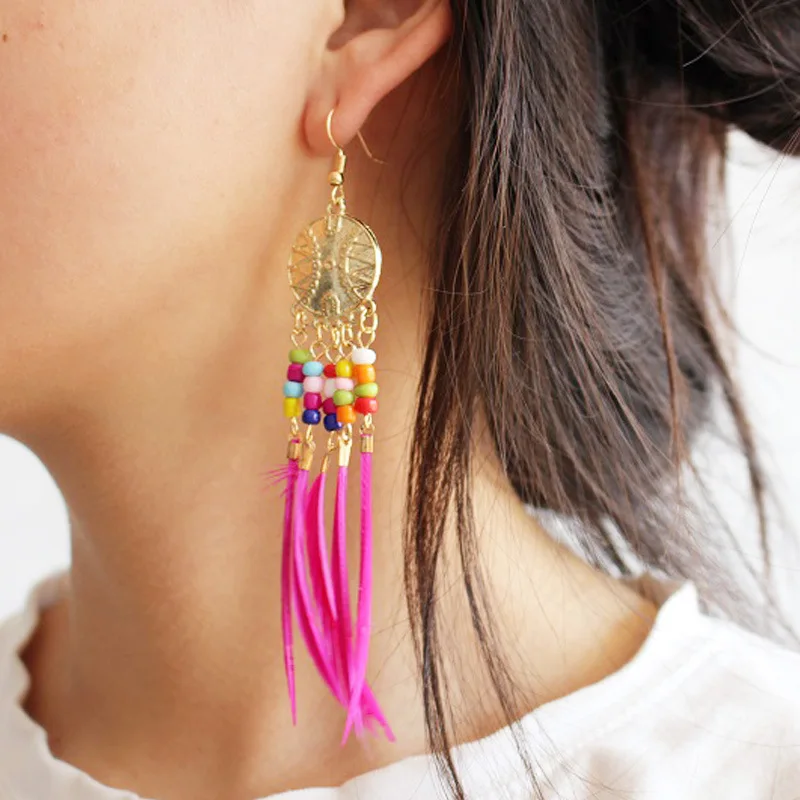

Long Feather Earrings For Women Tiny Beads Tassel Fashion Jewelry Vintage Statement Gypsy Bohemian Earrings