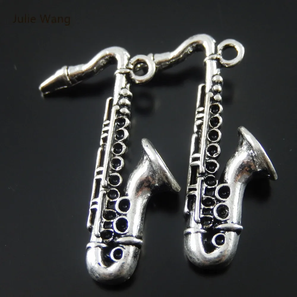 Julie Wang 2/5/10PCS Sax Shape Charms Alloy Antique Silver Color Necklace Jewelry Making Pendant Musical Instrument Accessory