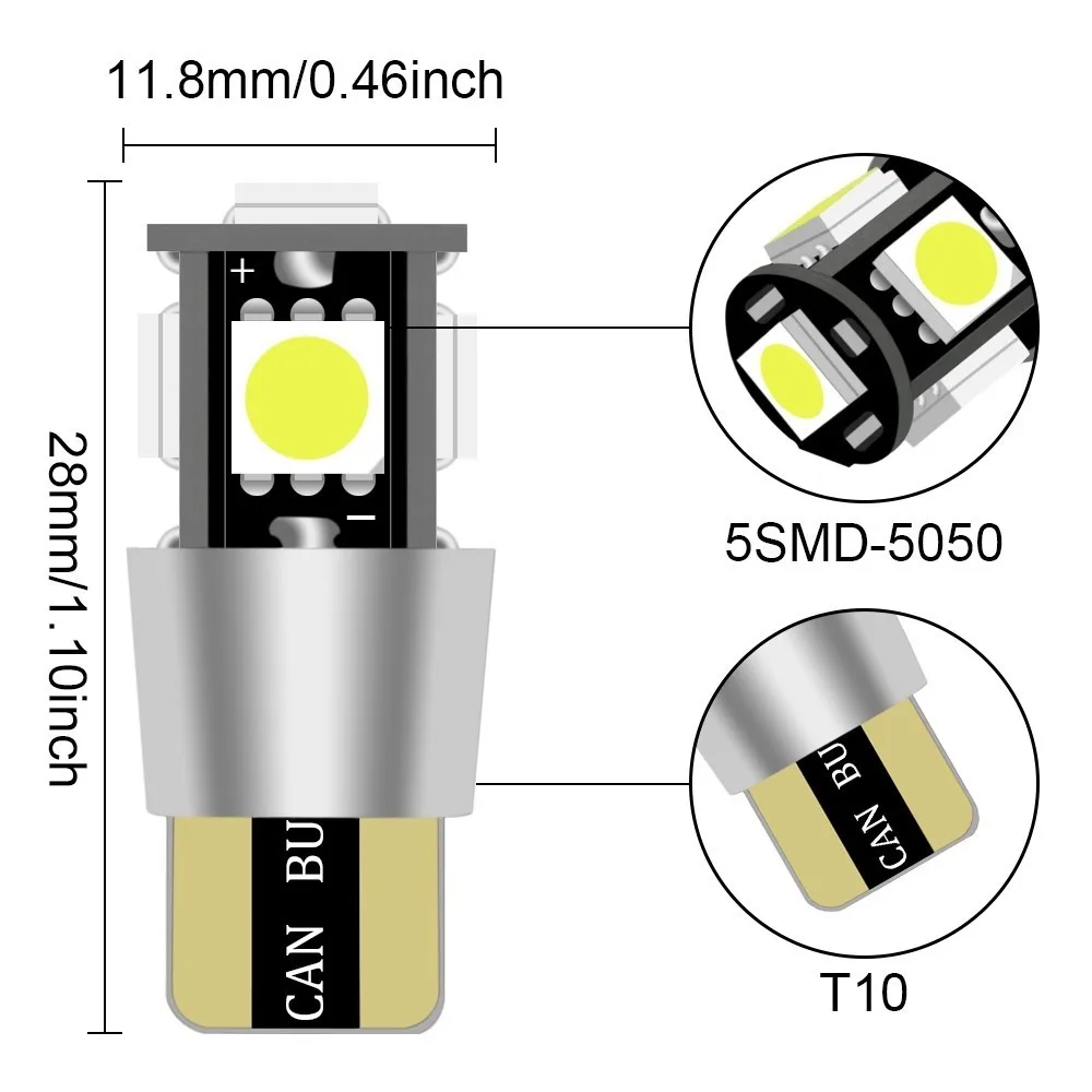 2pcsT10 Canbus 5smd автомобильный светильник W5w 194 168 лампочки ошибки DC 12V клиновидная
