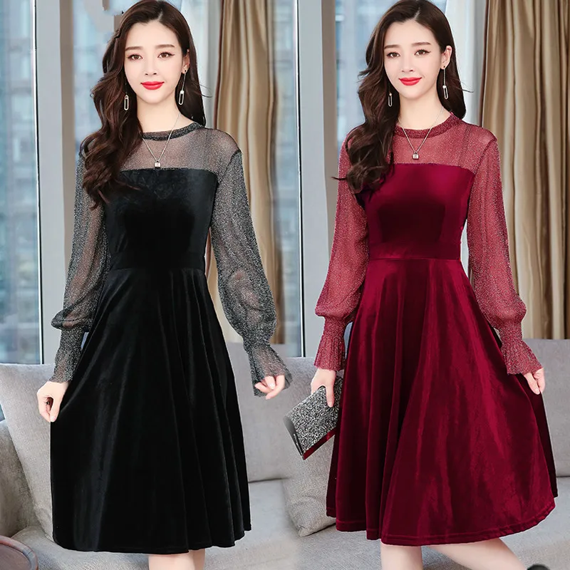Spring Autumn Women O Neck Long Sleeve Loose Solid Vestido Casual Elegant Mesh Patchwork Party Dress Plus Size | Женская одежда