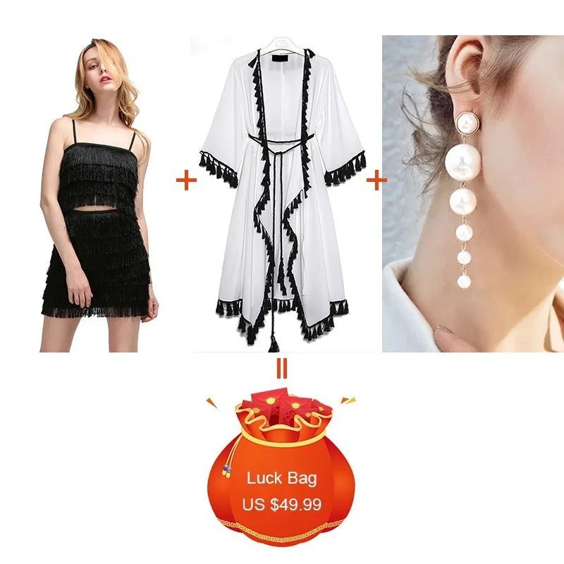 Фото TWOTWINSTYLE 3 Pieces/lot Clearance Sexy Tassel Skirt Suits V Neck Bandage Patchwork Dresses Pearl Stud Earrings 2019 Womens Set Женская TWOTWINSTYLE 3 Pieces/lot Clearance Sexy Tassel Skirt Suits V Neck Bandage Patchwork Dresses Pearl Stud Earrings 2019 Womens Set Женская
