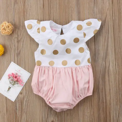 Baby Girls Newborn Clothes Cotton Half sleeve gold dot stitching Bodysuit Jumpsuit Summer Outfits Set |