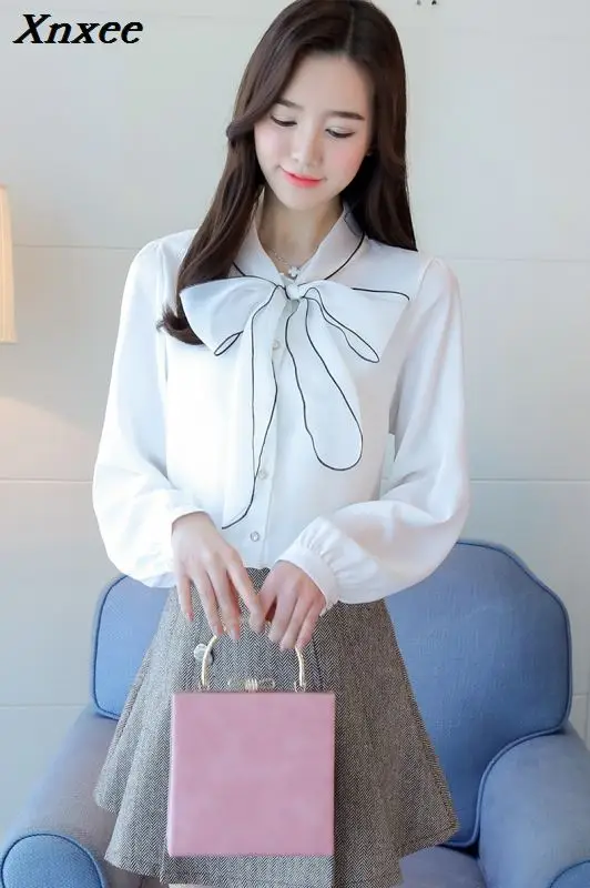 

Fashion lace shirt womens Chiffon long-sleeved blouse elegant office lady women blouses white ladies tops OL women tops Xnxee