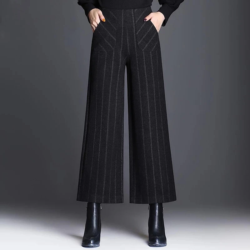 Для женщин шерстяные штаны Pantalon Капри осень-зима Модные женские в полоску