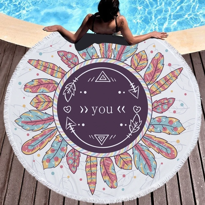 Colorful Feather Round Beach Towel Printed Microfiber With Tassels Travel Tapestry Bath Towels Bohemian Home Decor Kids Play Mat | Дом и сад