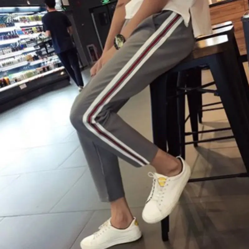 Женские брюки в полоску с высокой талией спортивные для бега прямые повседневные