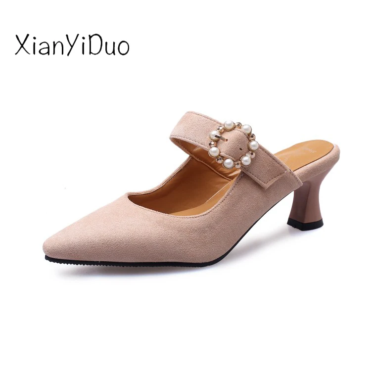 Xianyiduo2019 летние уличные женские тапочки на высоком каблуке с бусинами розовые