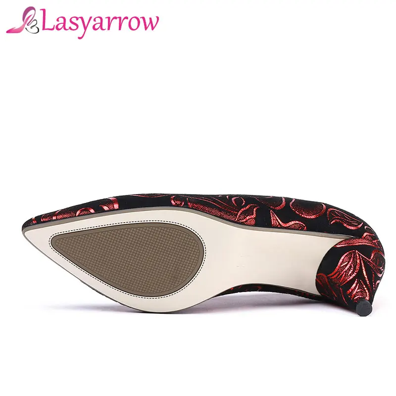 

Lasyarrow Red Shoes Leather Dress Pumps Shoes Woman Genuine Leather High Heel Ethnic Handmade Print Sheepskin Lady Shoes J561